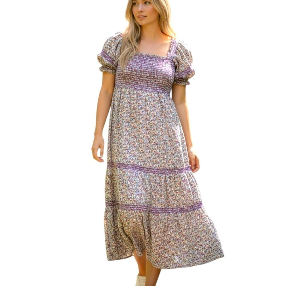 CAARA Smocked Tiered Midi Dress Purple Floral Puff Sleeve Boho Cottage Womens M